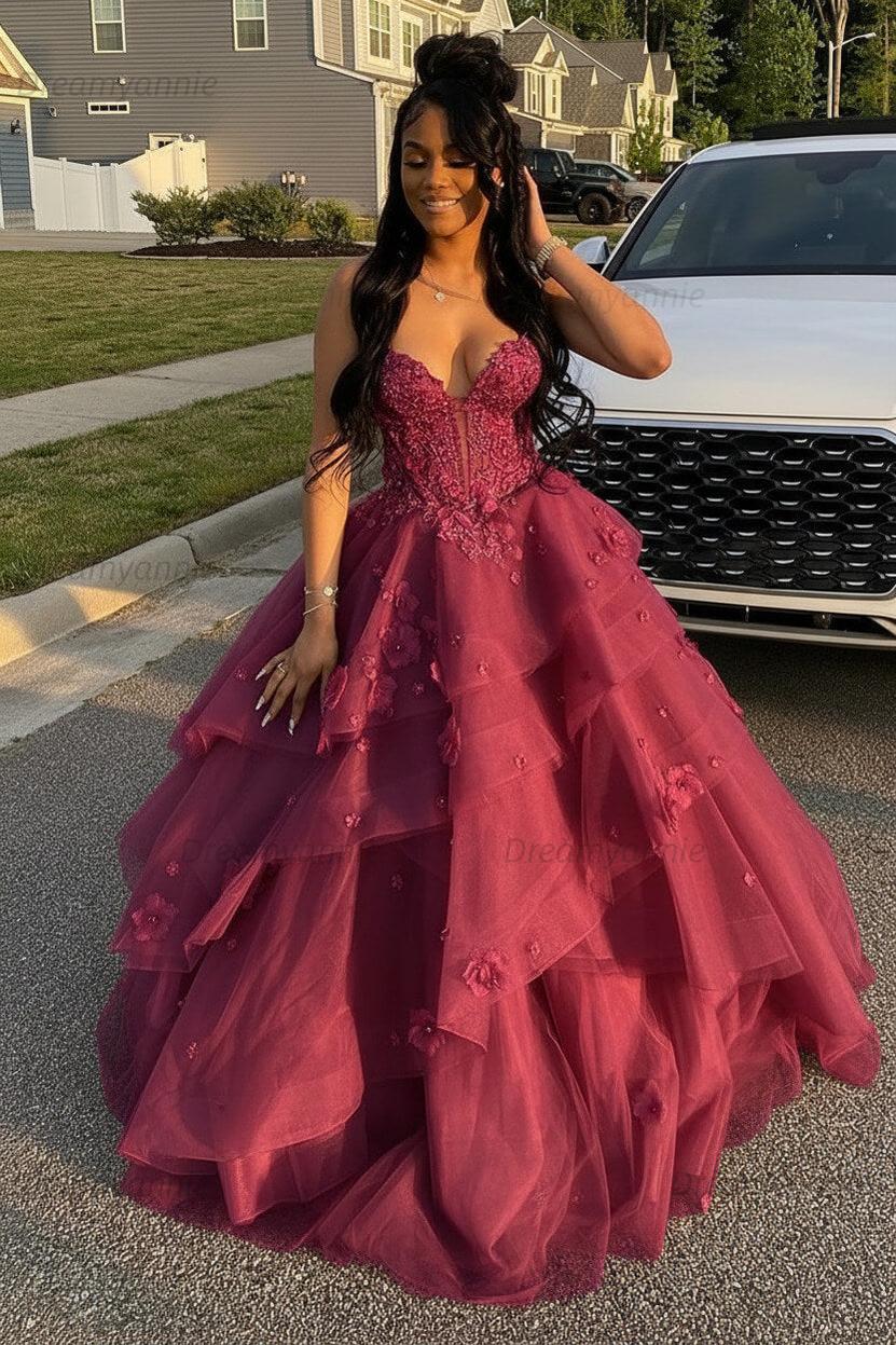 Dreamyannie Sage Prom Dress Floral Tiered Ruffles A-Line Sweetheart Corset Long Formal Dress