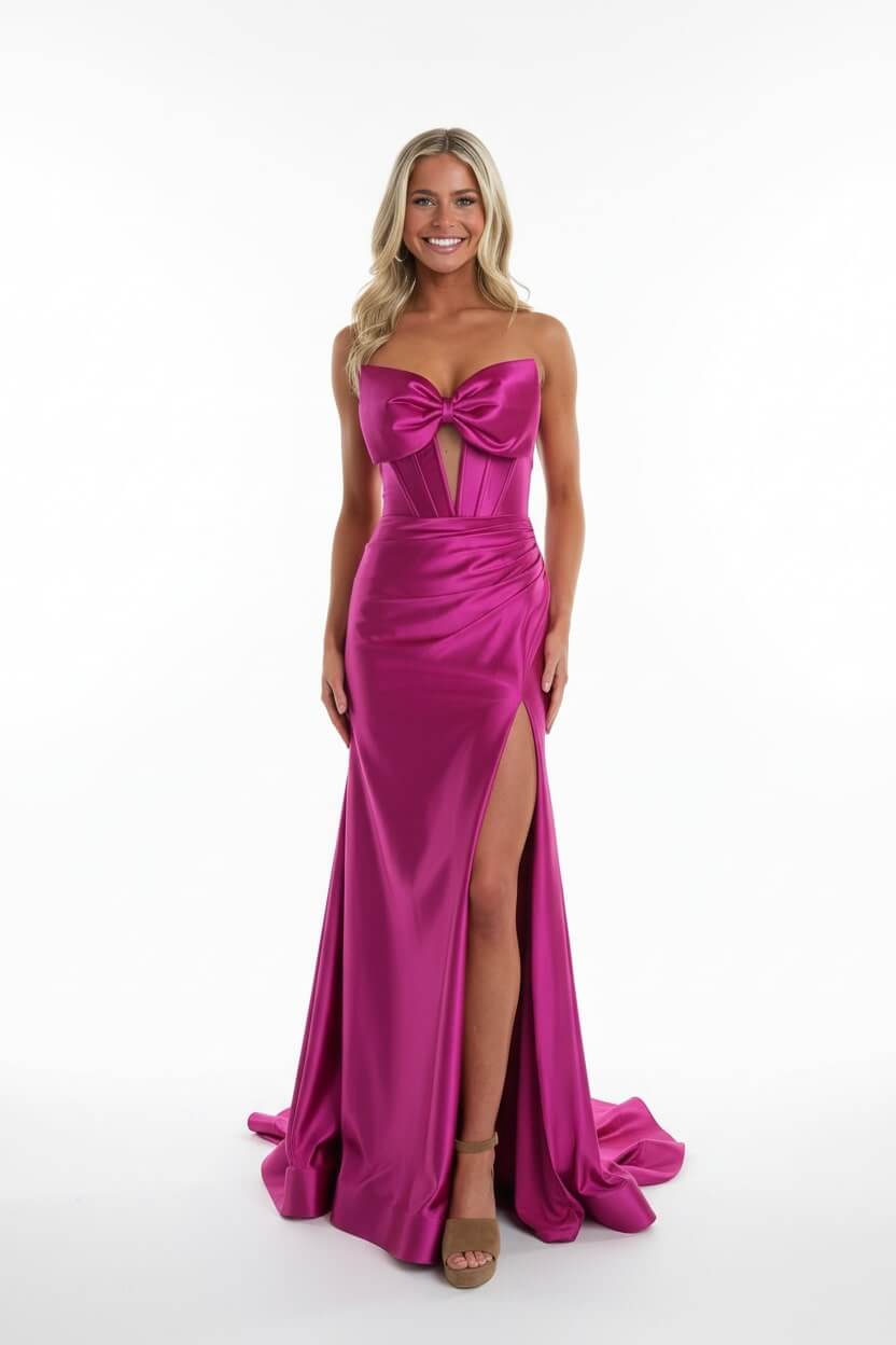Dreamyannie Corset Red Prom Dress Satin Sweetheart Formal Dress With Slit