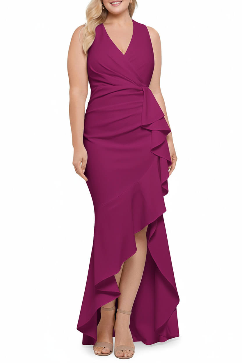 V Neck Sleeveless Plus Size Long Sheath Column Mother of the Bride Dresses with Ruffles