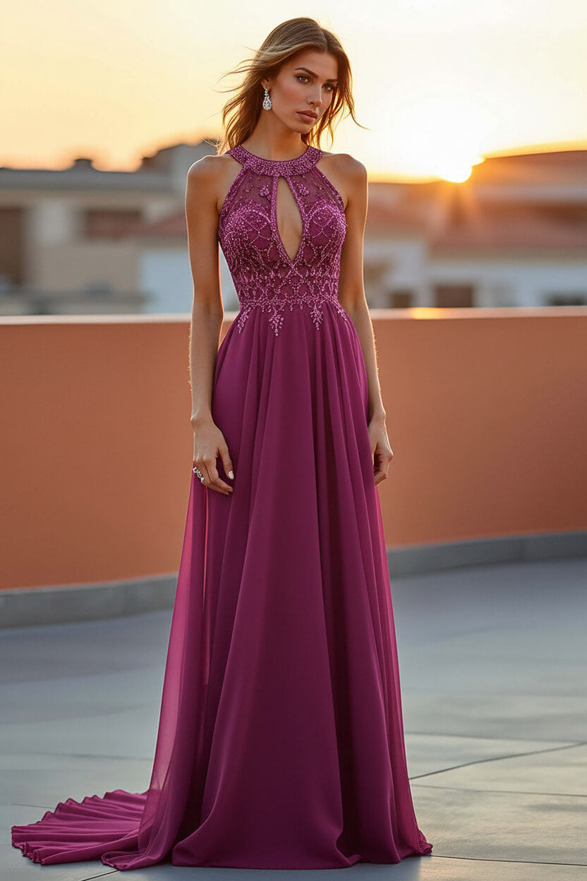 Dreamyannie Beaded Navy Wedding Guest Dress Halter Long Formal Dress With Embroideries