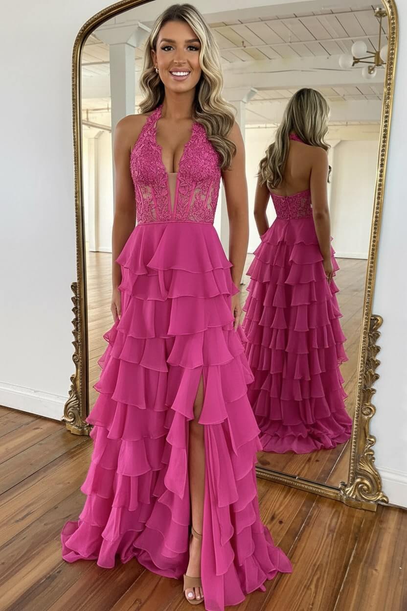 Dreamyannie Sky Blue Prom Dress Ruffled Halter Corset Formal Dress With Slit