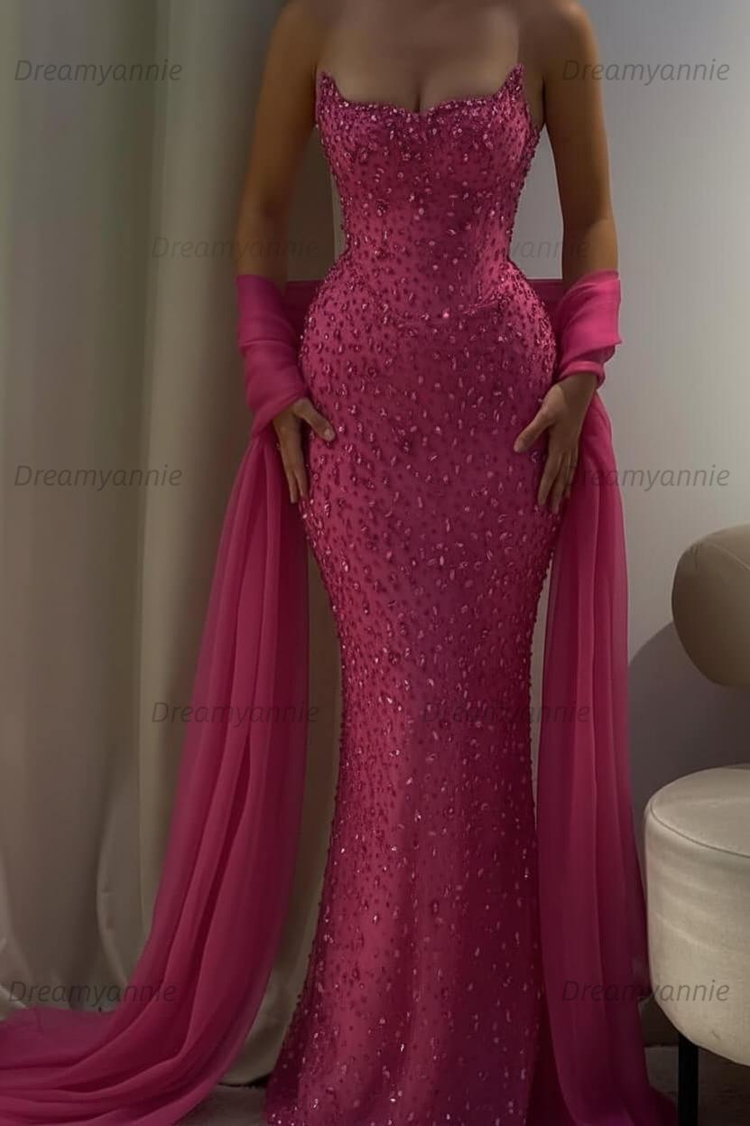 Pink Mermaid Prom Dress Strapless Beaded Formal Dress