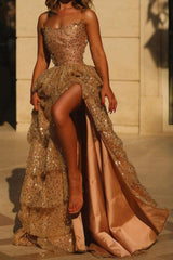 Glam Black Strapless Sequin Tiered Prom Dress With High Leg Slit Formal Evening Gown