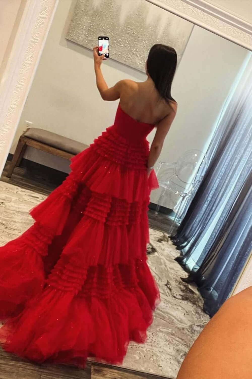 Red Strapless Prom Dress Tulle Long Tiered Evening Dress with Slit