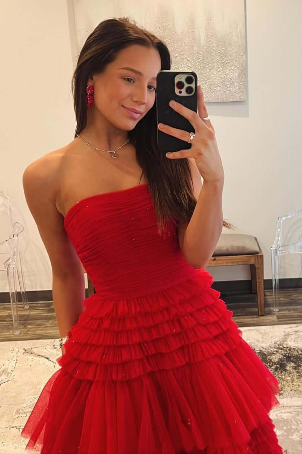 Red Strapless Prom Dress Tulle Long Tiered Evening Dress with Slit