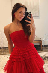 Red Strapless Prom Dress Tulle Long Tiered Evening Dress with Slit