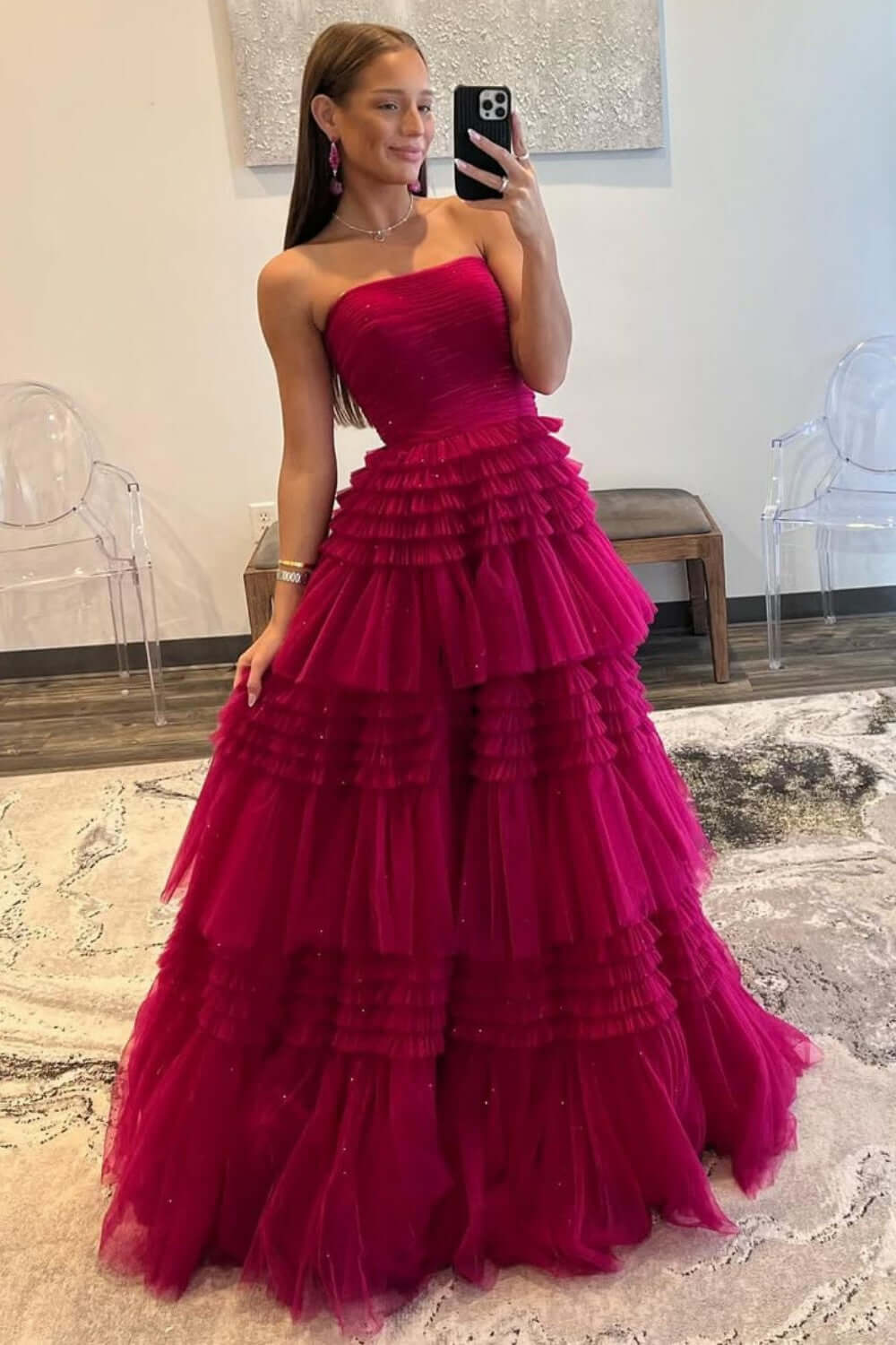 Red Strapless Prom Dress Tulle Long Tiered Evening Dress with Slit