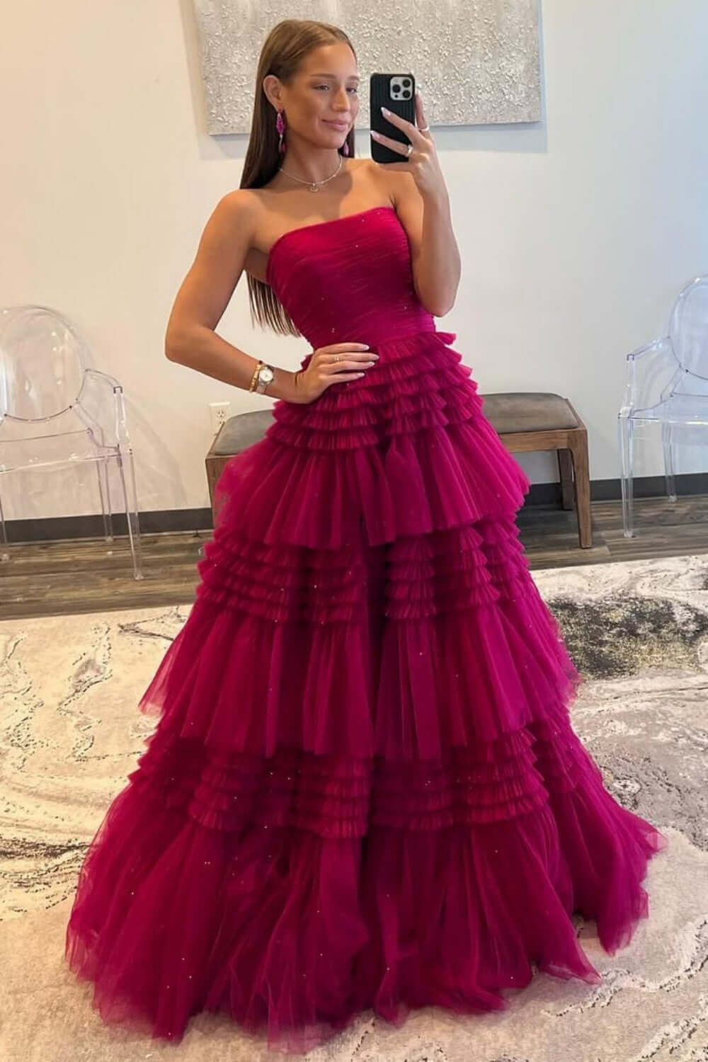 Red Strapless Prom Dress Tulle Long Tiered Evening Dress with Slit