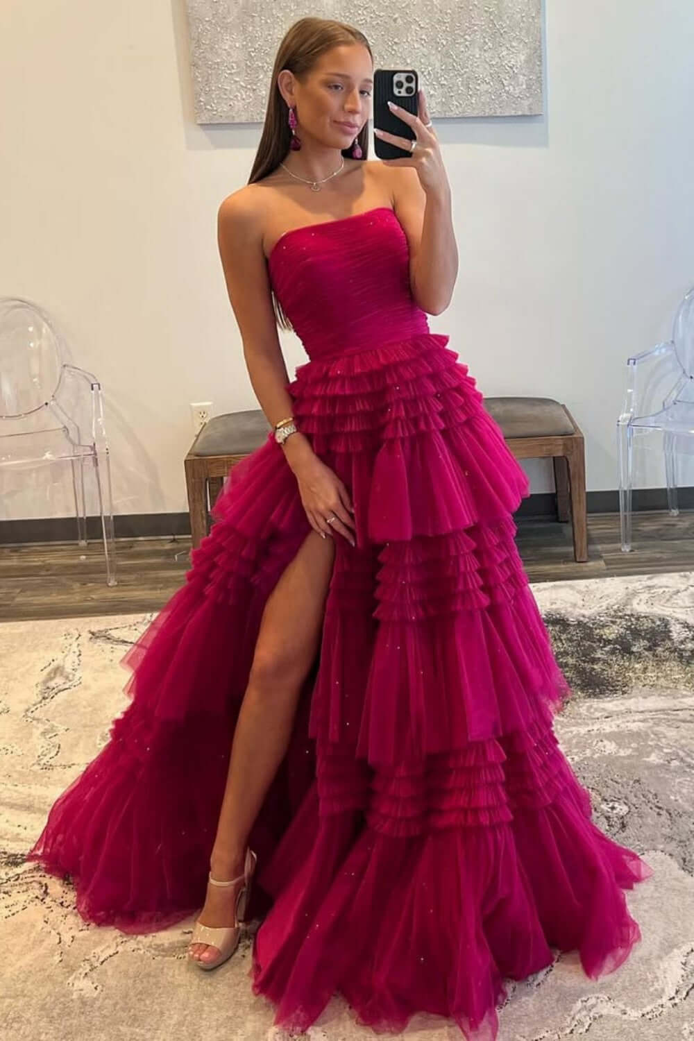 Red Strapless Prom Dress Tulle Long Tiered Evening Dress with Slit