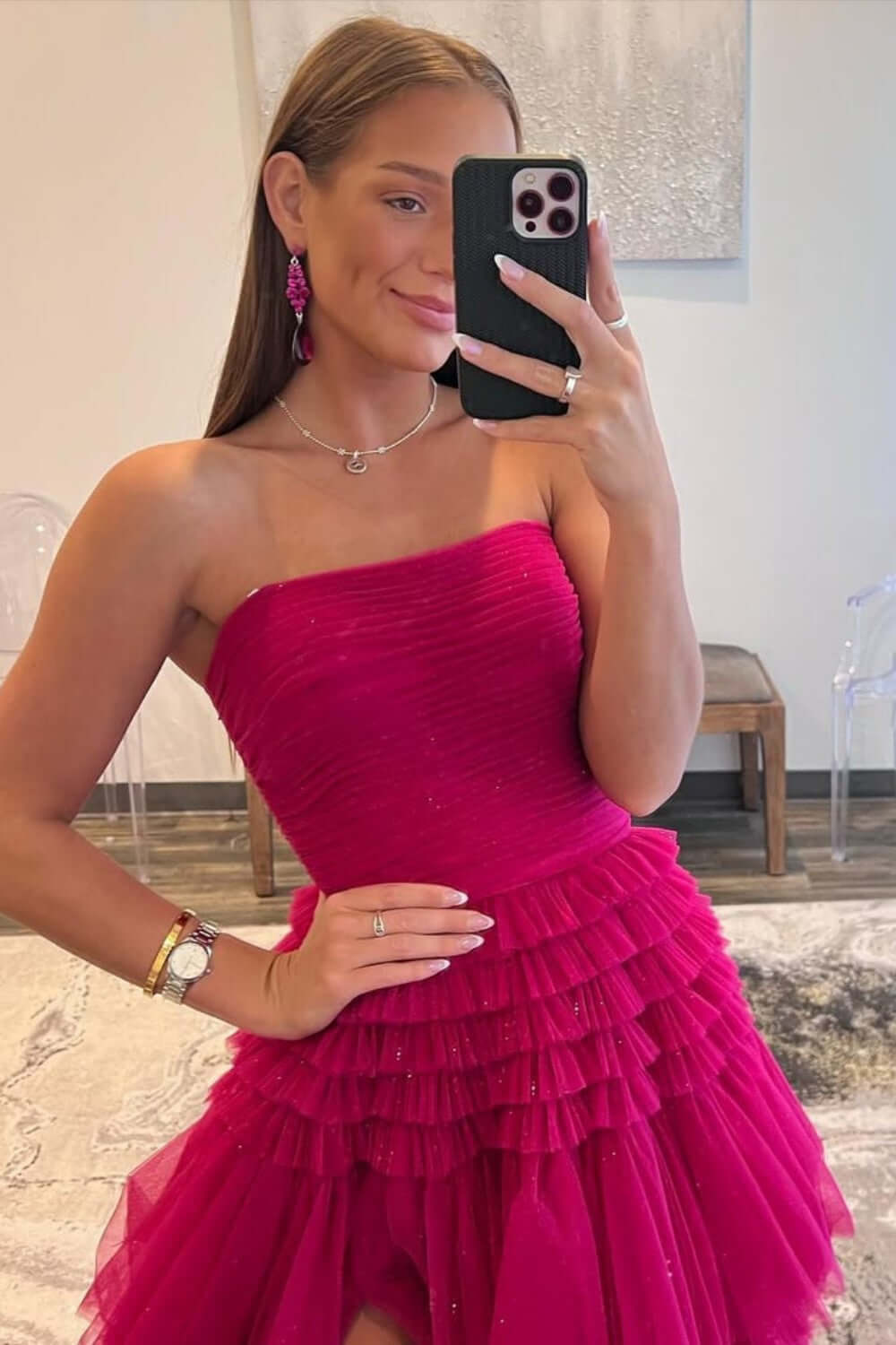 Red Strapless Prom Dress Tulle Long Tiered Evening Dress with Slit