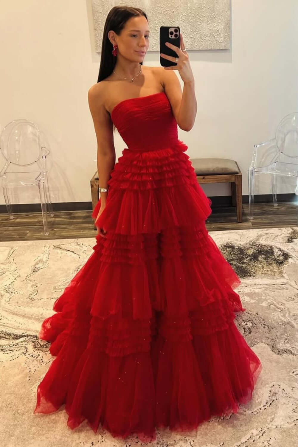 Red Strapless Prom Dress Tulle Long Tiered Evening Dress with Slit