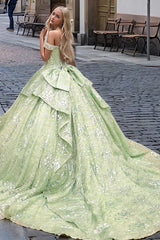 Glamorous Ball Gown Off Shoulder Sleeveless Beaded Tiered Ruffles Silver Flowers Appliques Green Tulle Quinceanera Dress Evening Formal Gown For Sweet 16
