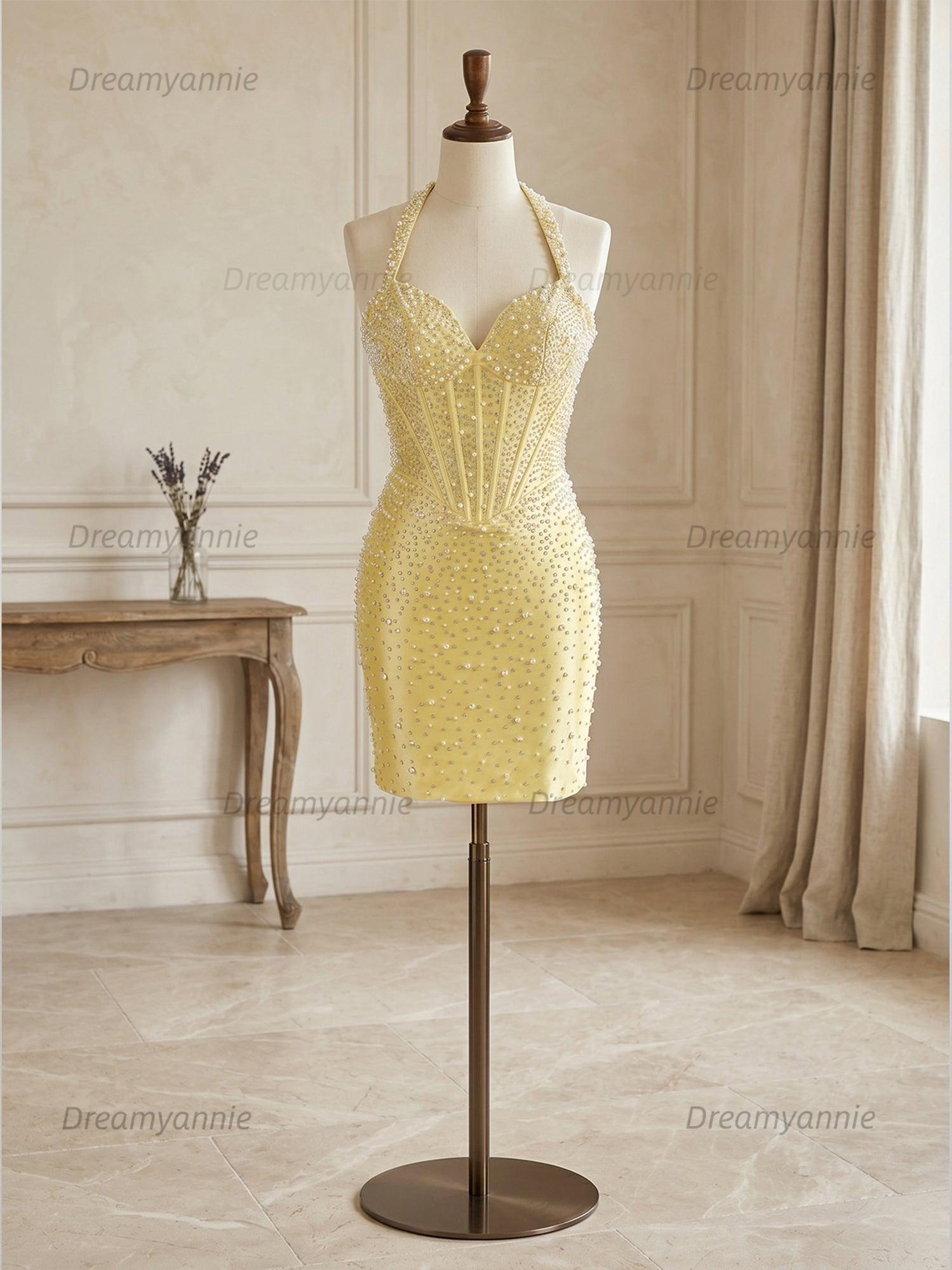 Glamorous Champagne Pearl Beaded Corset Short Homecoming Dress