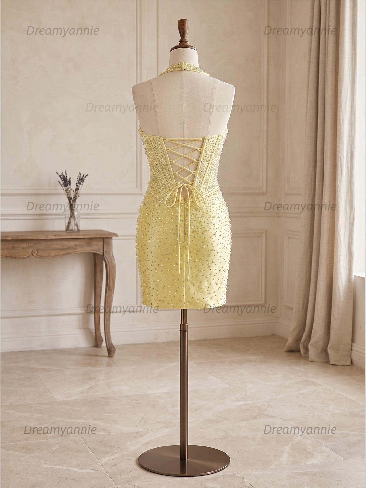 Glamorous Champagne Pearl Beaded Corset Short Homecoming Dress