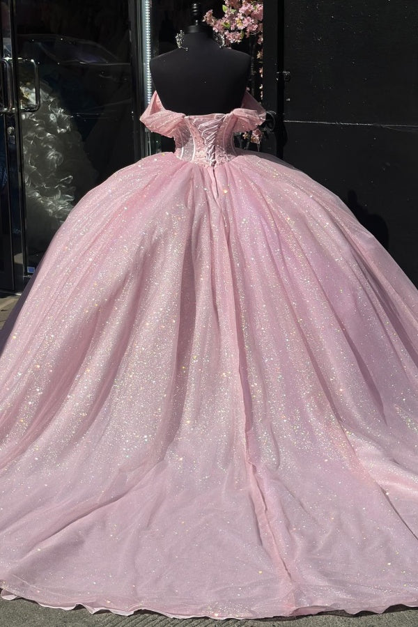Glamorous & Cute Ball Gown Off Shoulder Beaded Pleated Lace Up Pink Tulle Quinceanera Dress Birthday Party Gown For Sweet 16