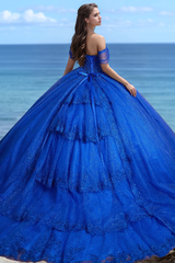 Glamorous & Gliiter Ball Gown Off Shoulder Sleeveless Beaded Appliques Royal Tulle Quinceanera Dress Formal Party Dress For Sweet 16