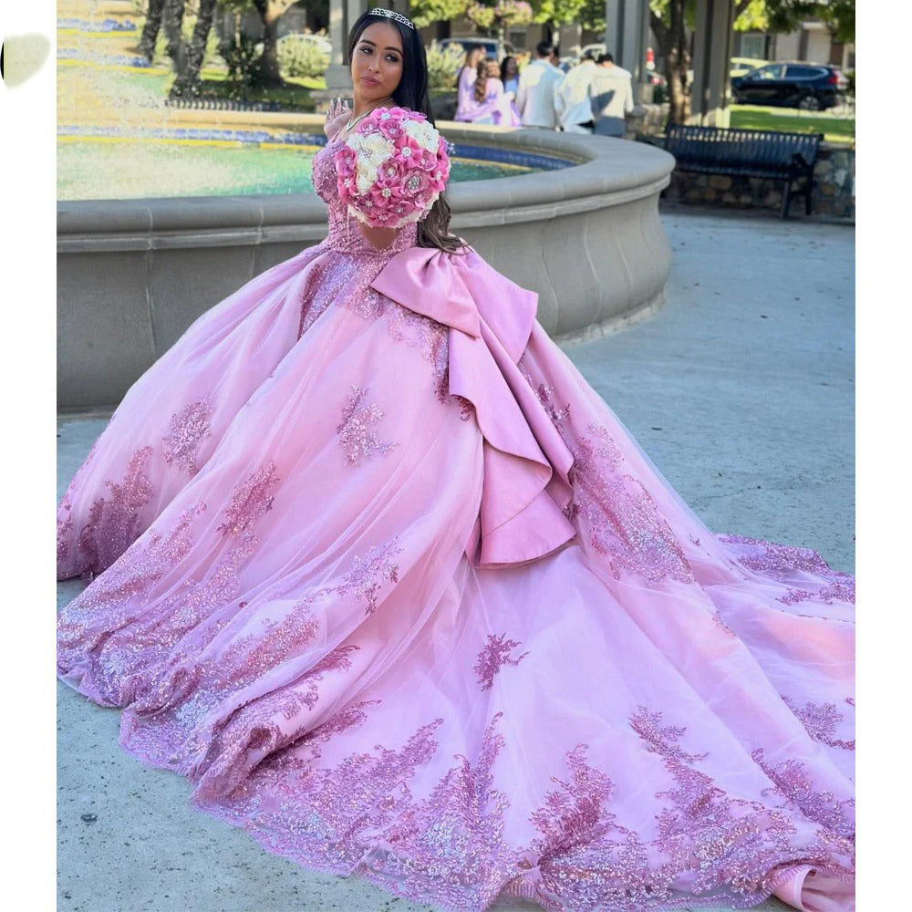 Glamorous & Glitter Ball Gown Off Shoulder Lace Applique Beaded Purple Tulle Quinceanera Dress Princess Party Gown For Sweet 16