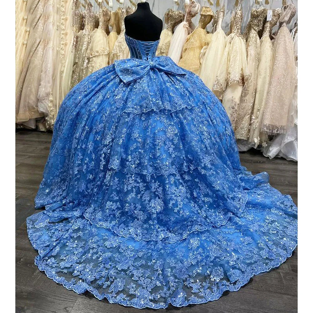 Glamorous & Glitter Ball Gown Sweetheart Neck Tiered Fully Lace Applique Beaded Bow Knot Blue Tulle Quinceanera Dress Birthday Party Princess Dress For Sweet 16