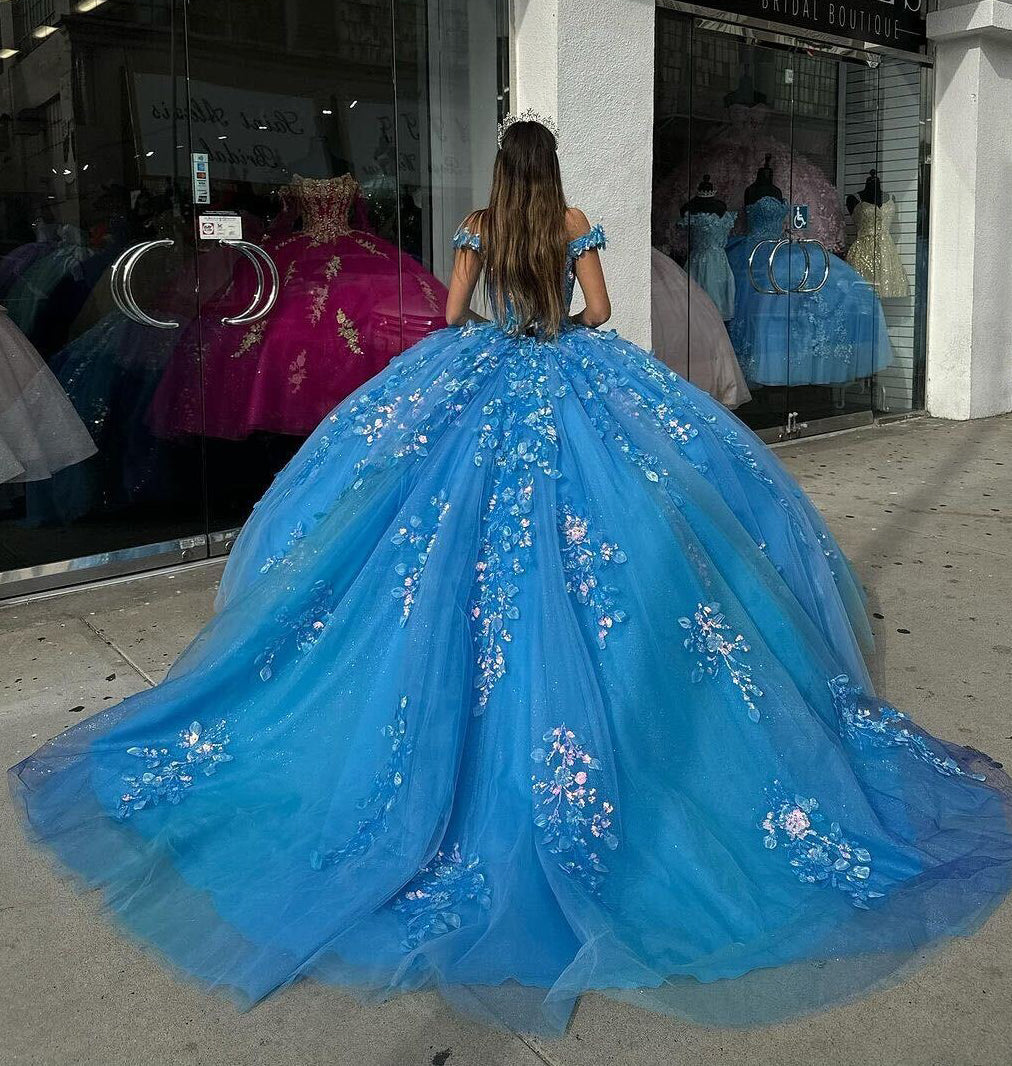 Glamorous & Gorgeous Ball Gown Off Shoulder Beaded Lace Appliques Blue Tulle Quinceanera Dress Birthday Evening Party Dresses For Sweet 16