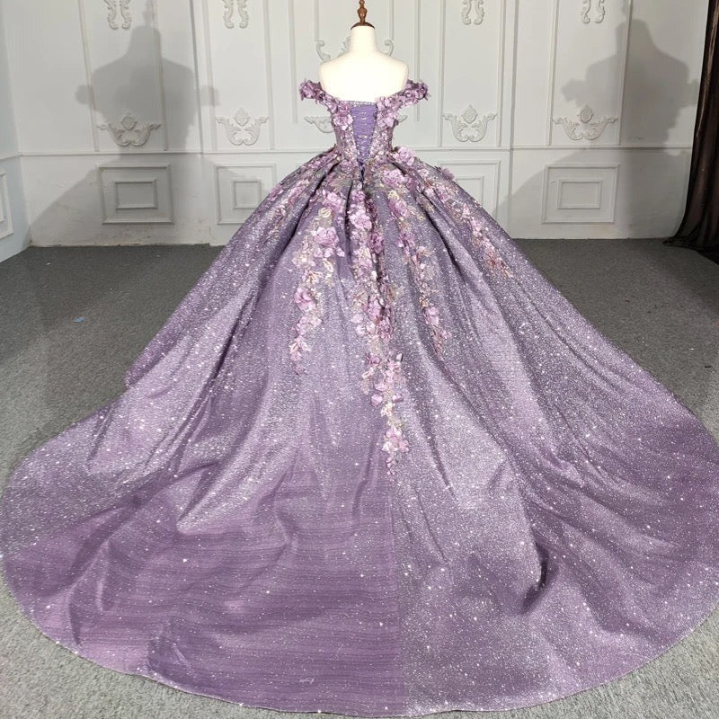 Glamorous & Luxury Ball Gown Off Shoulder Flowers Lace Appliques Beaded Purple Tulle Quinceanera Dress Princess Birthday Party Gown For Sweet 16