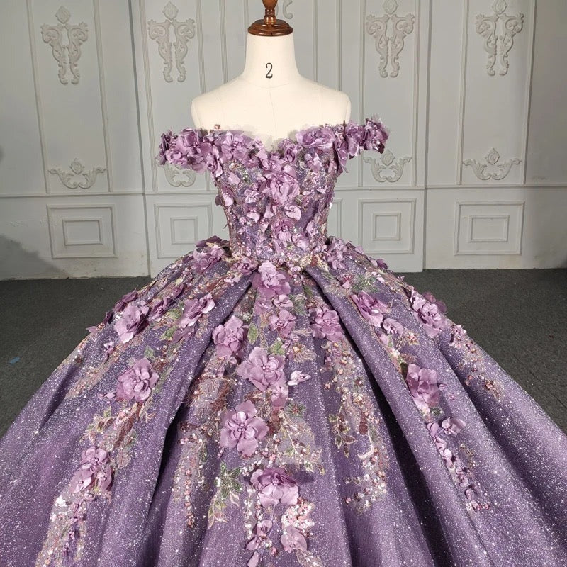 Glamorous & Luxury Ball Gown Off Shoulder Flowers Lace Appliques Beaded Purple Tulle Quinceanera Dress Princess Birthday Party Gown For Sweet 16