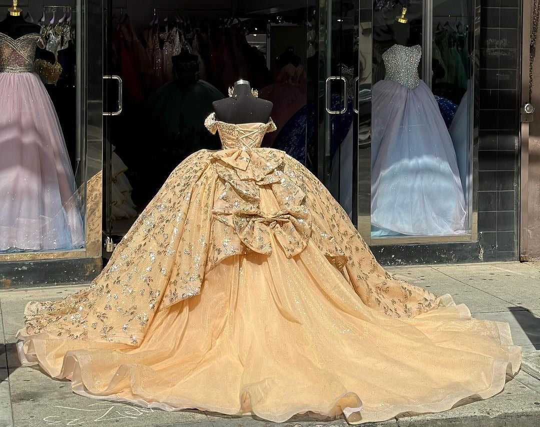 Glamorous & Luxury Ball Gown Off Shoulder Fully Sequins Appliques Beaded Tiered Bow Knot Champagne Tulle Princess Evening Party Dress Quinceanera Dress For Sweet 16