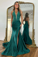 Dreamyannie Red Prom Dress Halter Lace Corset Formal Dress With Slit