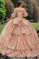 Glamorous & Sparkly Ball Gown Off Shoulder Half Sleeves 3D Butterfly Appliques Glitter Rose Gold Tulle Quinceanera Dress Birthday Party Dress For Sweet 16