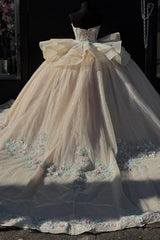 Glitter Ball Gown Strapless Sleeveless Tiered 3D Colorful Flowers Appliques Lace Up Champagne Tulle Quinceanera Dress Birthday Party Gown For Sweet 16