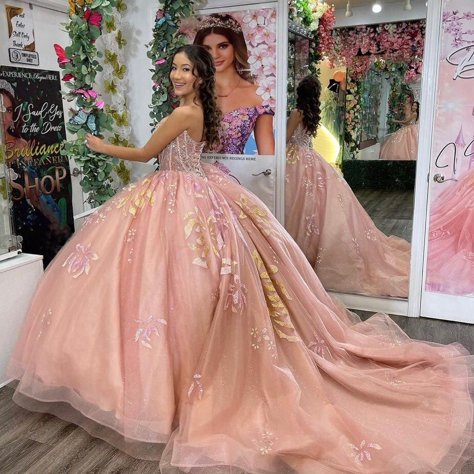 Glitter Ball Gown Sweetheart Neck Appliques Beaded Pink Tulle Princess Quinceanera Dress Birthday Party Gown For Sweet 16