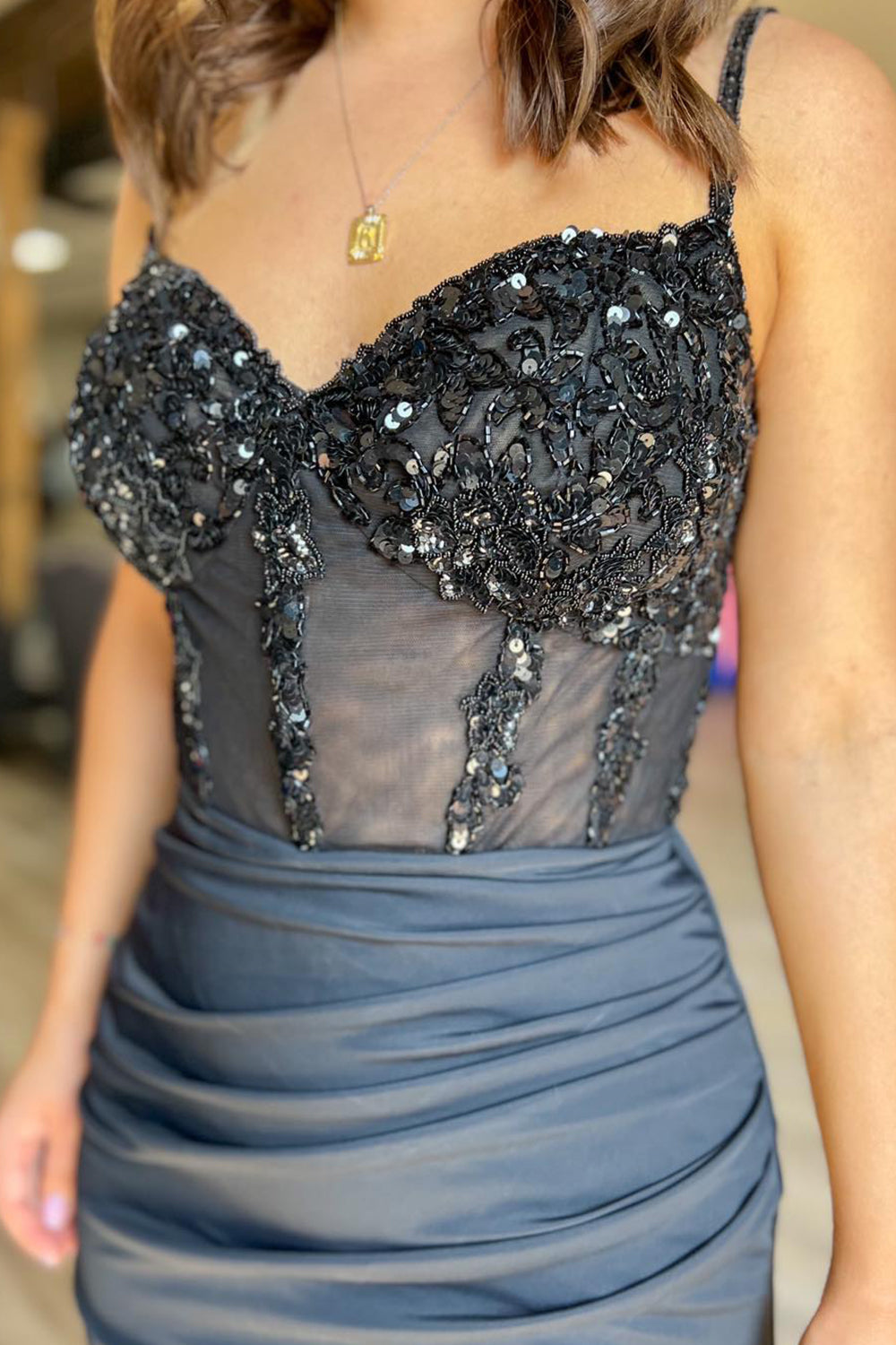 Glitter Black Homecoming Dress Corset Satin Asymmetrical Tight Short Prom Dress with Sequin