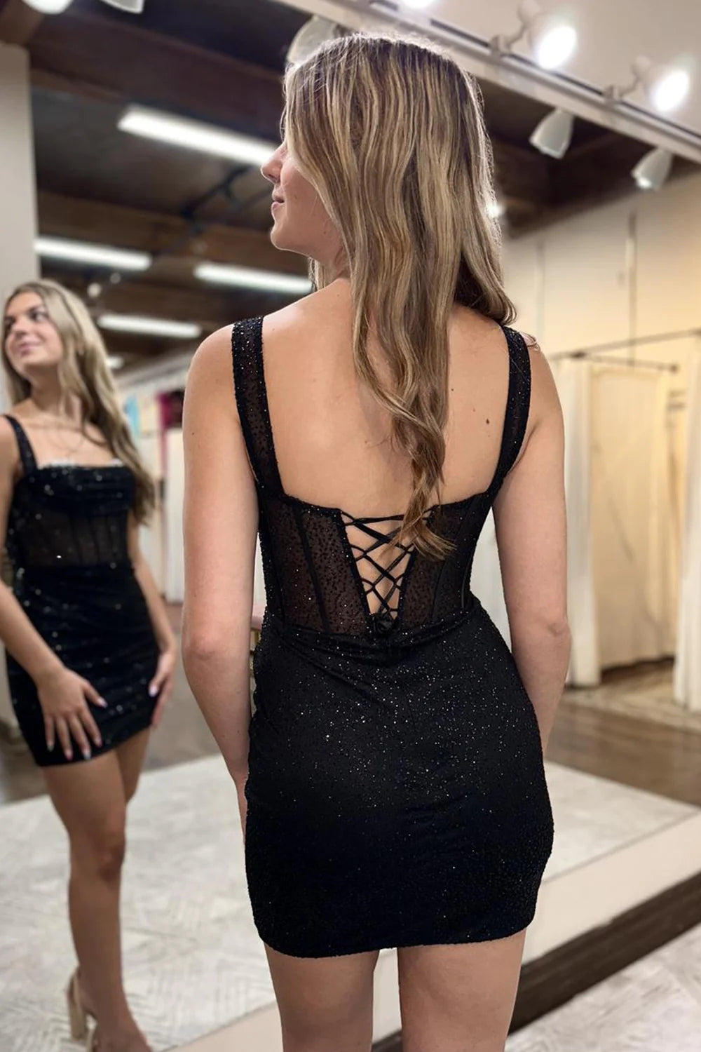 Glitter Black Homecoming Dress Corset Sequin Off the Shoulder Tight Short Cocktail Dresses