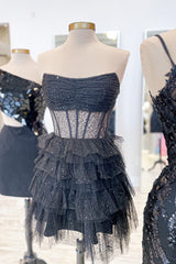 Glitter Black Homecoming Dress Corset Tiered A-Line Tulle Short Prom Dress