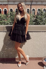 Glitter Black Homecoming Dress Tiered Spaghetti Straps Short Prom Dress