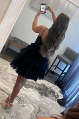 Glitter Blue Homecoming Dress A-Line Tulle Tiered Short Cocktail Dresses