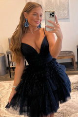 Glitter Blue Homecoming Dress A-Line Tulle Tiered Short Cocktail Dresses