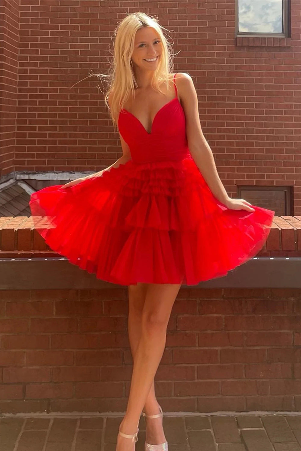 Glitter Blue Homecoming Dress A-Line Tulle Tiered Short Cocktail Dresses