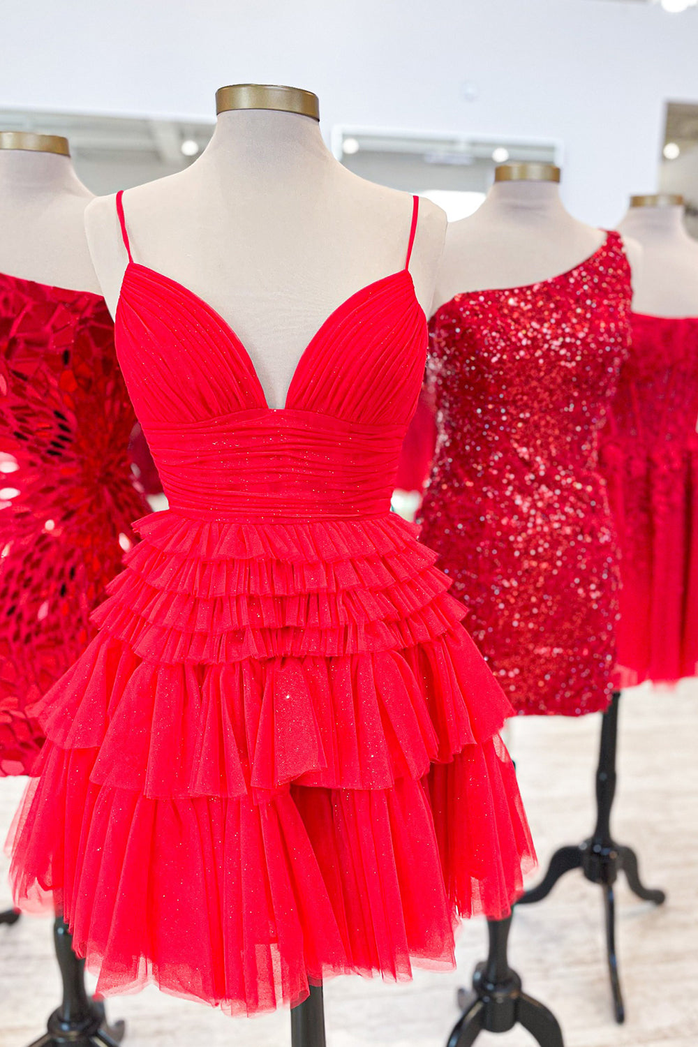 Glitter Blue Homecoming Dress A-Line Tulle Tiered Short Cocktail Dresses
