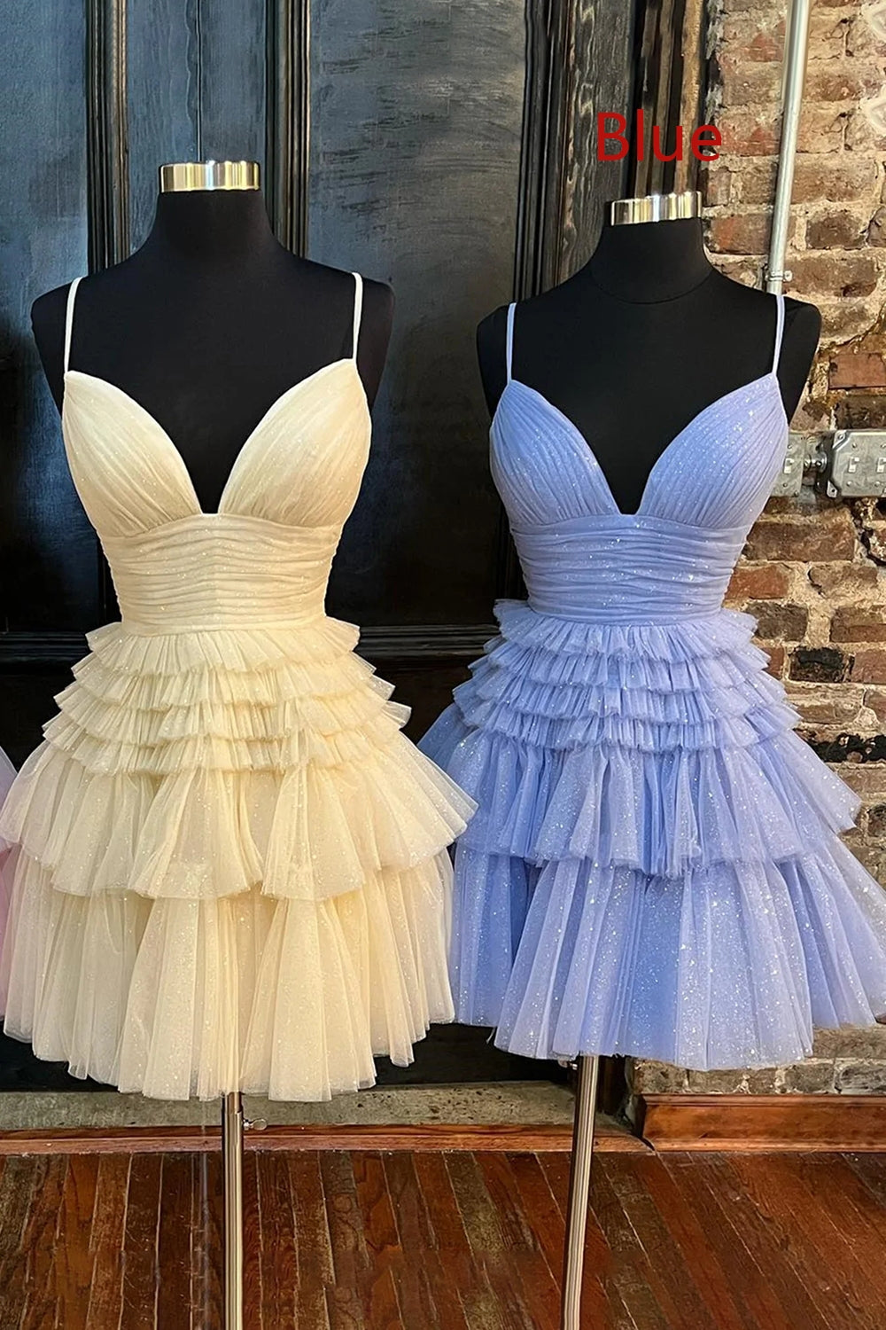 Glitter Blue Homecoming Dress A-Line Tulle Tiered Short Cocktail Dresses