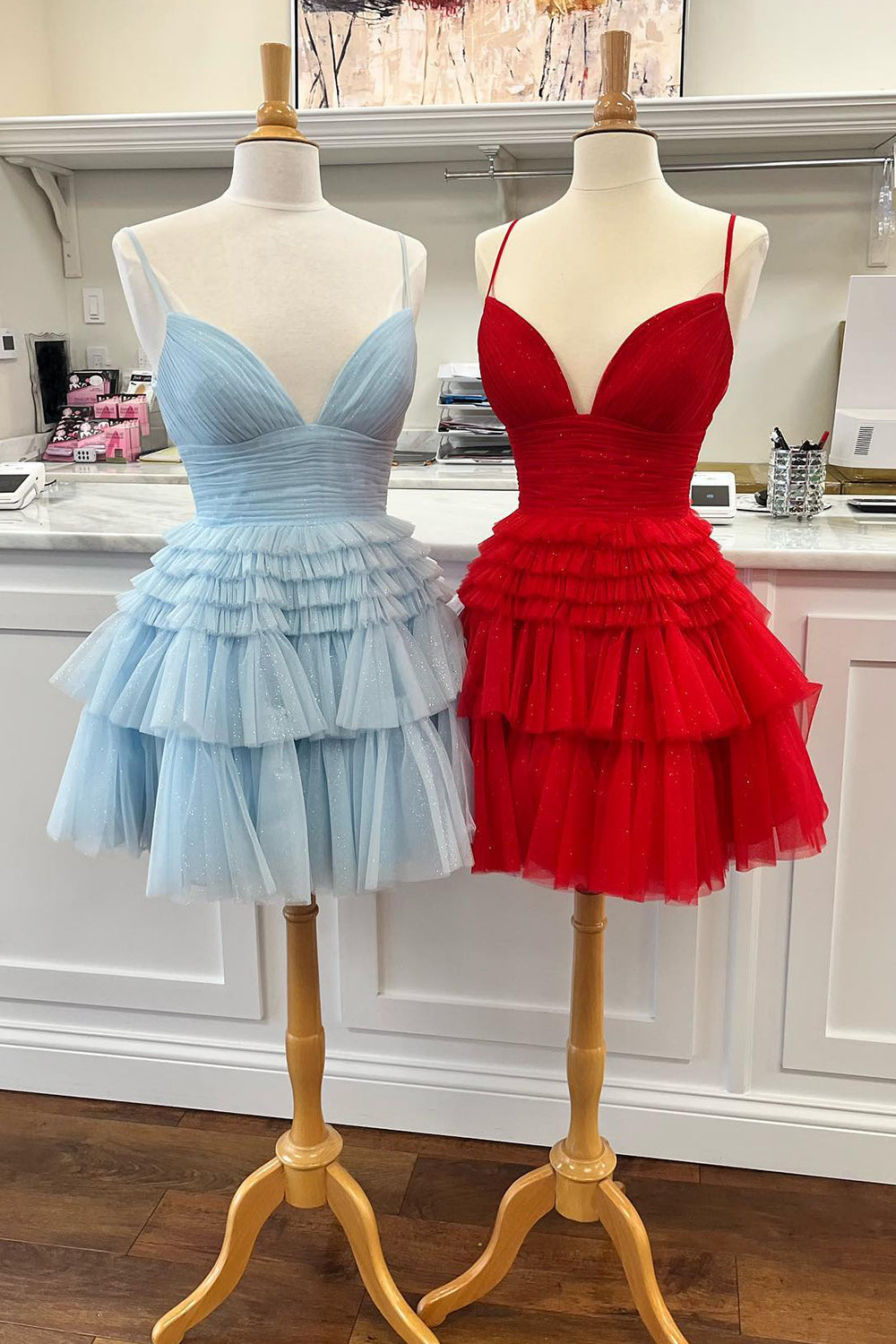 Glitter Blue Homecoming Dress A-Line Tulle Tiered Short Cocktail Dresses