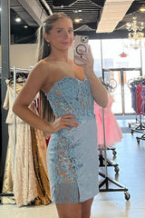 Glitter Blue Homecoming Dress Corset Floral Sequin Tight Short Prom Dress with Fringes