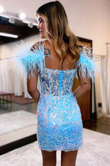 Glitter Blue Homecoming Dress Corset Lace Tight Short Cocktail Dresses with Feathers