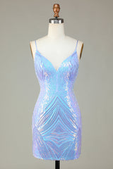Glitter Blue Homecoming Dress Sequin Tight Short Cocktail Dresses