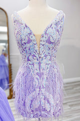 Glitter Blue Homecoming Dress Sequined Tight Short Prom Dress with Feathers