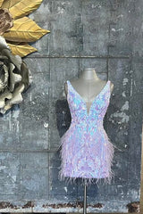 Glitter Blue Homecoming Dress Sequined Tight Short Prom Dress with Feathers