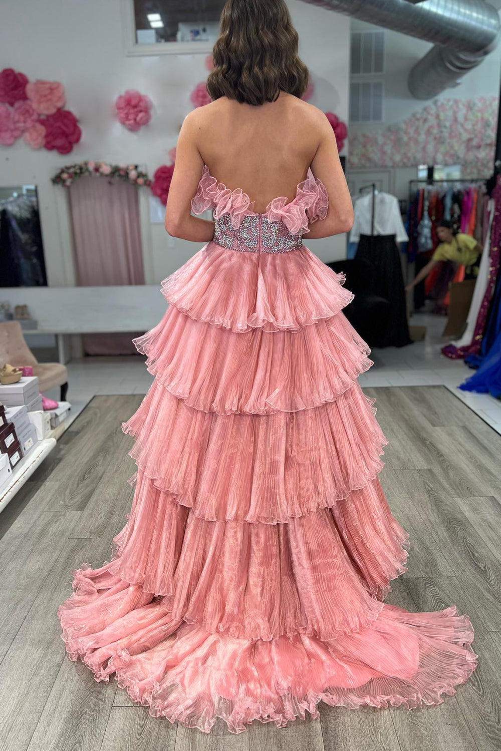 Glitter Blush A Line Beaded Long Tulle Tiered Prom Dress with Ruffles