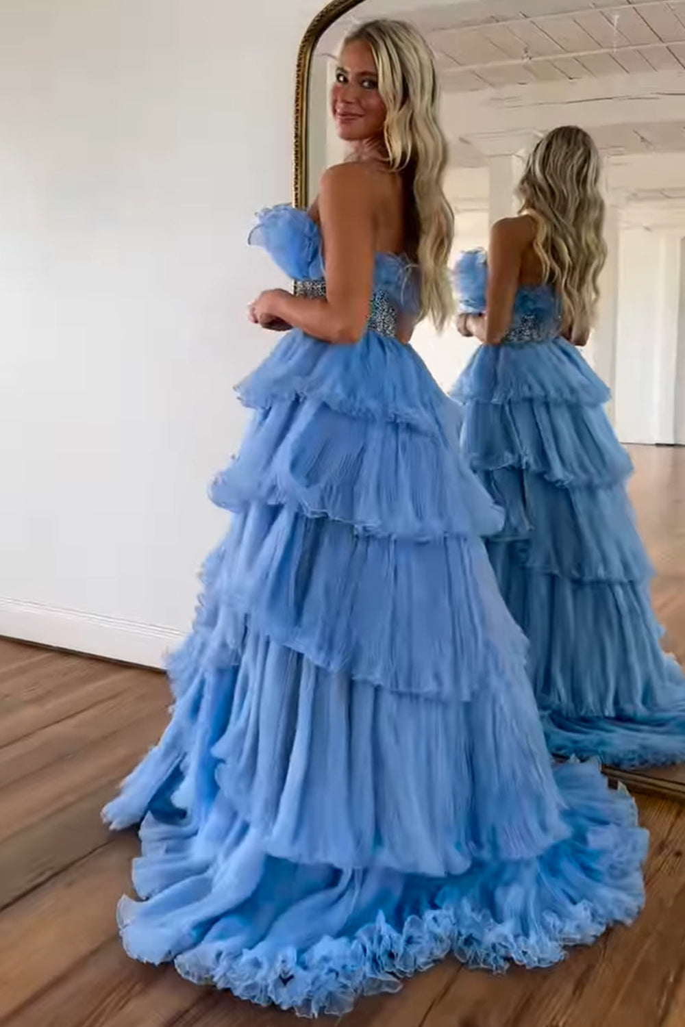 Glitter Blush A Line Beaded Long Tulle Tiered Prom Dress with Ruffles