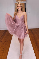 Glitter Blush Homecoming Dress A-Line Tulle Short Prom Dress with Lace