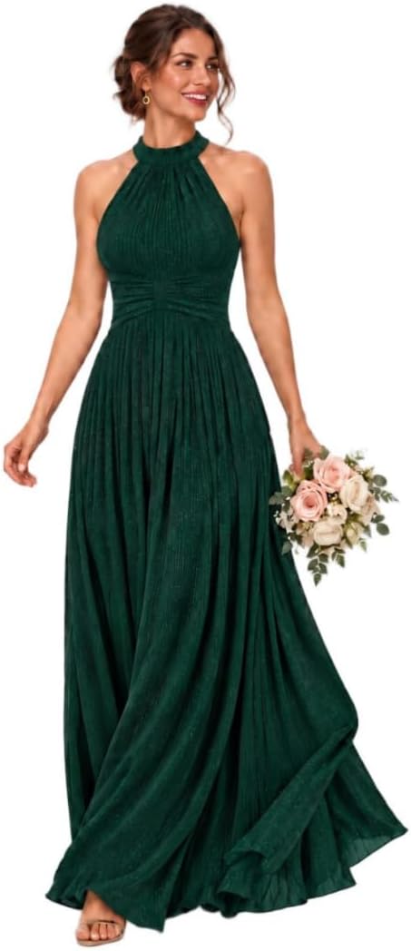 Glitter Chiffon Halter Bridesmaid Dress with Pleated Empire Waist