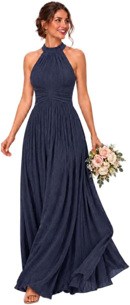 Glitter Chiffon Halter Bridesmaid Dress with Pleated Empire Waist